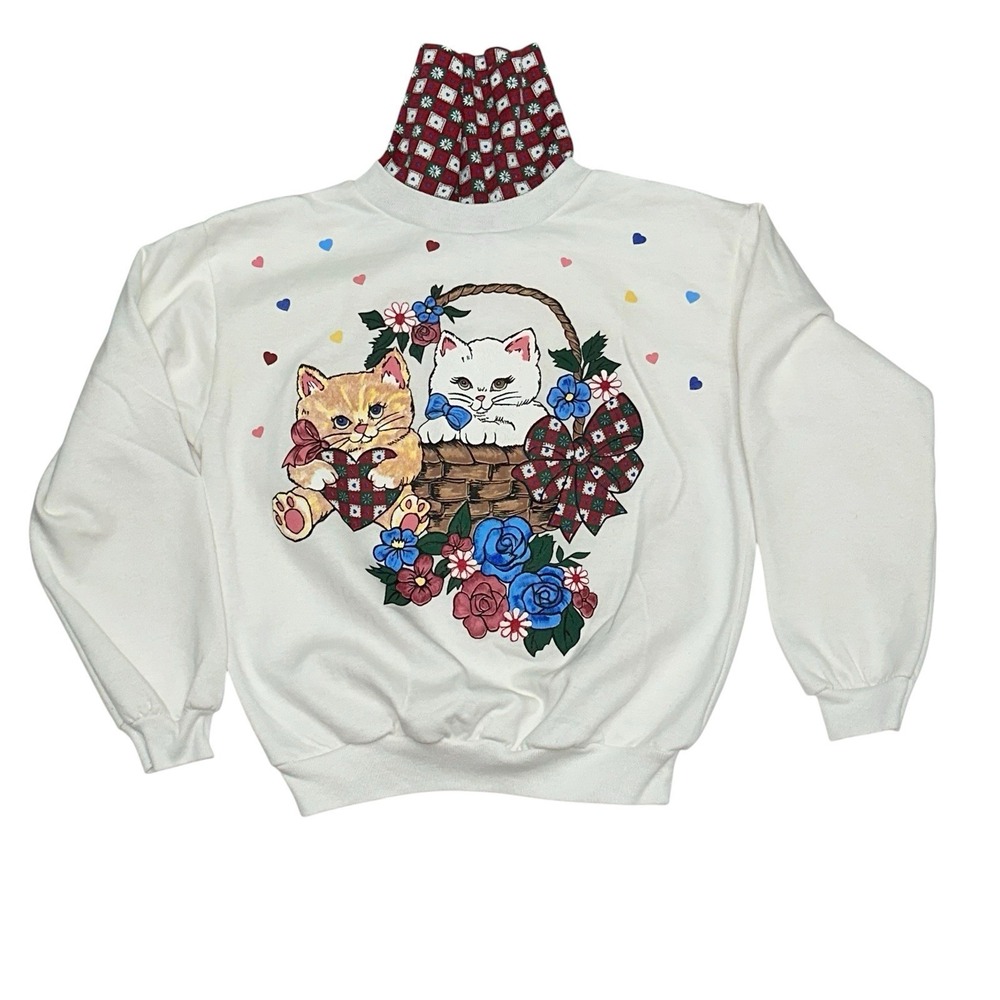 Vintage Basic Image Puff Paint Sweatshirt Youth Size 10/12 Kittens In Basket